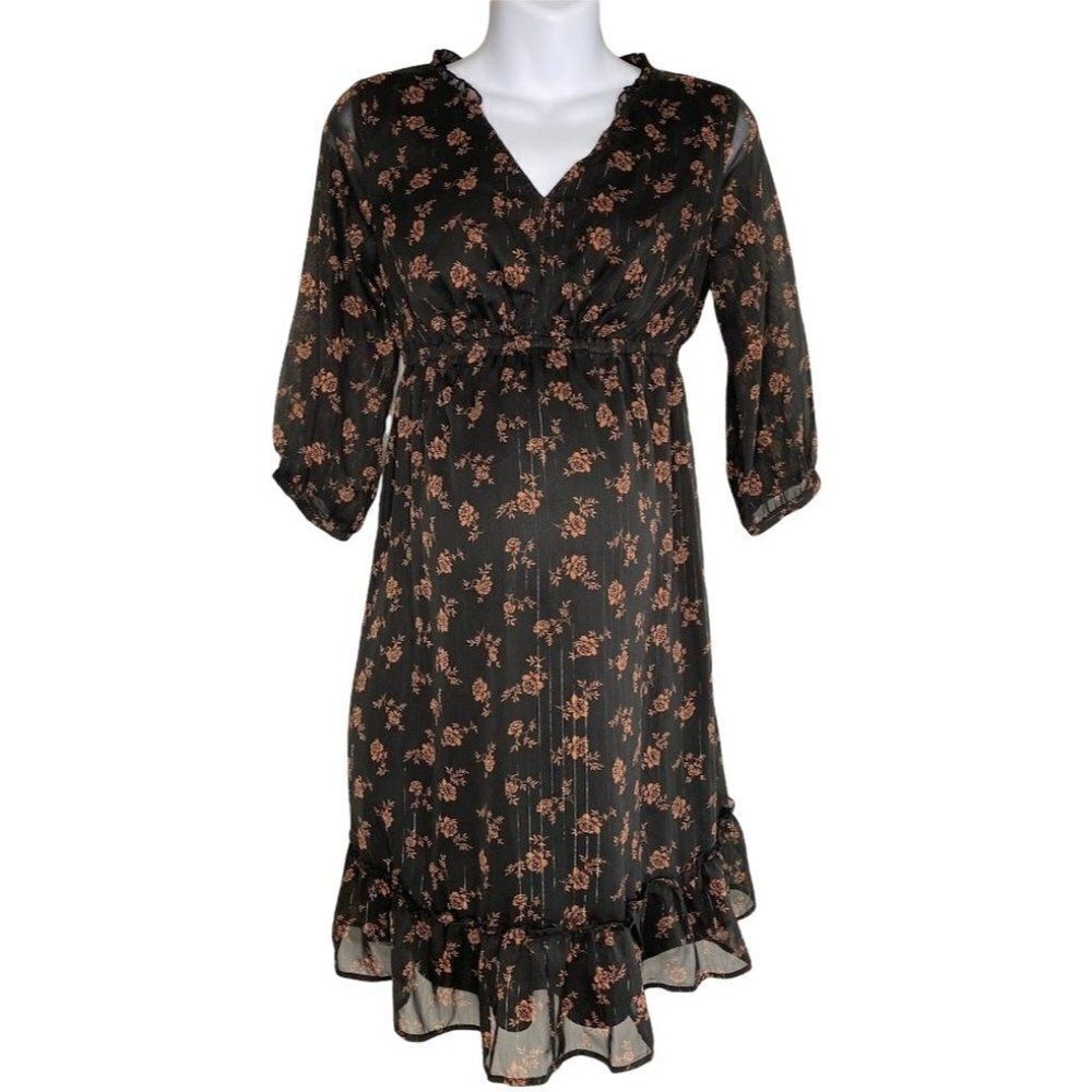 Isabel Maternity Pregnant Dress Womens XS Black Floral Tiered Layered 3/4-Sleeve